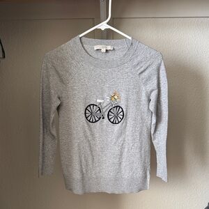 LOFT Gray Crewneck Sweater with Embroidered Bicycle and Floral Basket